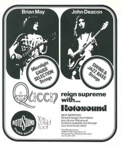 Rotosound strings Queen Ad advert 1975 Brian May John Deacon Starfire Gauge Selection guitar giutar bass swingbass jazz 77