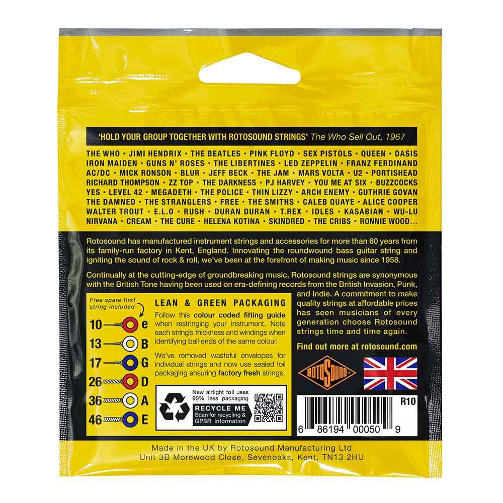 Reverse of R10 Rotosound Roto nickel wound electric guitar strings. Best quality affordable giutar string for rock pop country metal funk blues