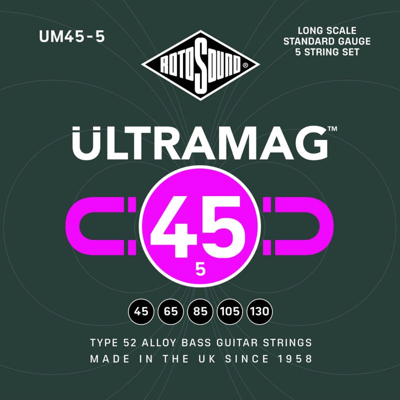 Rotosound Ultramag UM45-5 5 String Foil Type 52 long scale standard electric bass guitar strings set