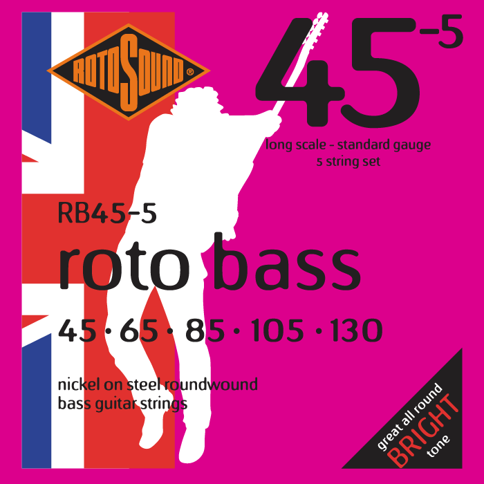Rotosound RB45-5 Roto Bass nickel wound bass strings. Nickelwound nickel on steel 5-string bass guitar strings 45 to 130