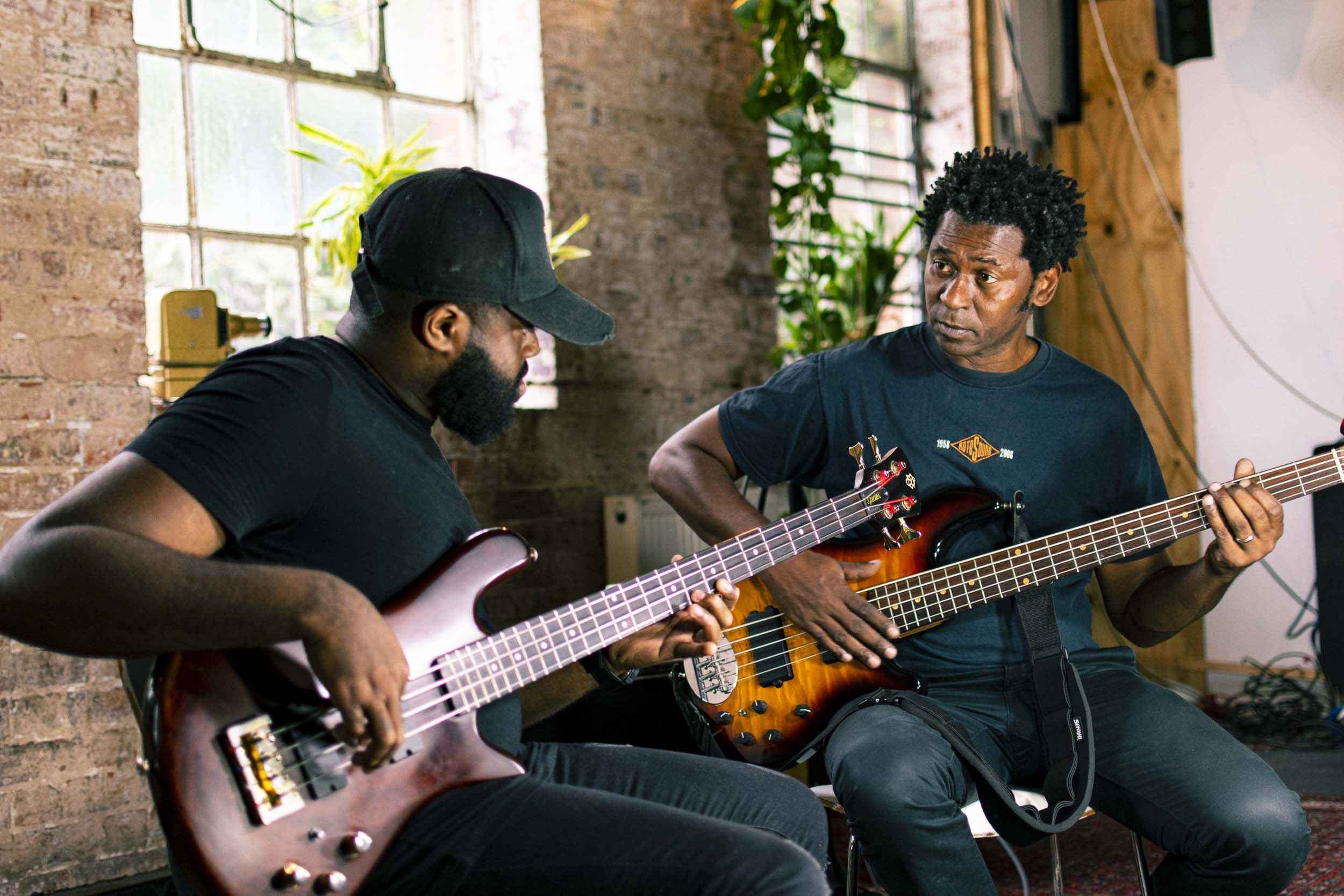 Steve Walters and Evander Swaby bassists in London bass guitar lesson. Photo credit Rotosound