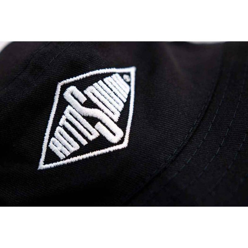 Black Bucket Hat with Rotosound Strings logo summer merchandise sunhat detail