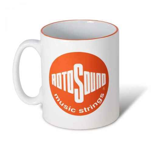 Orange vintage Rotosound logo on white mug top detail