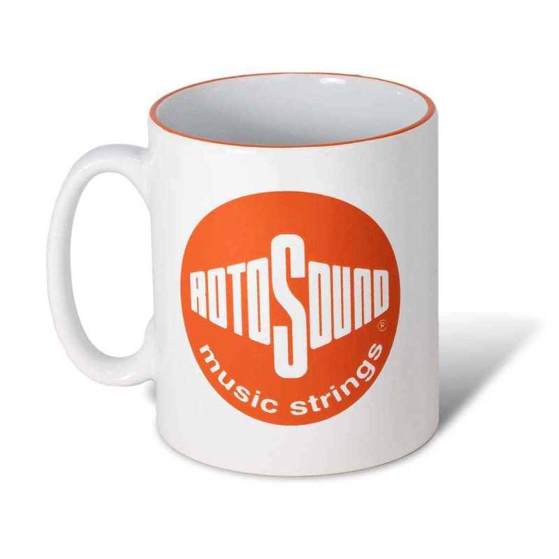 Orange vintage Rotosound logo on white mug top detail