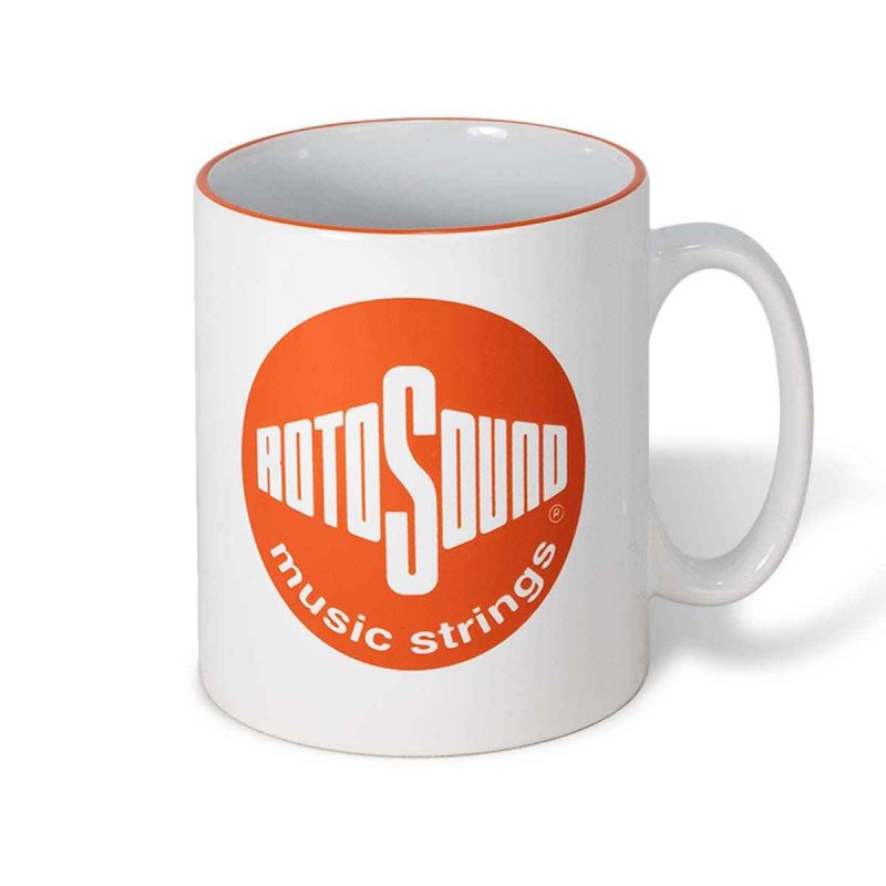 Orange vintage Rotosound logo on white mug top detail