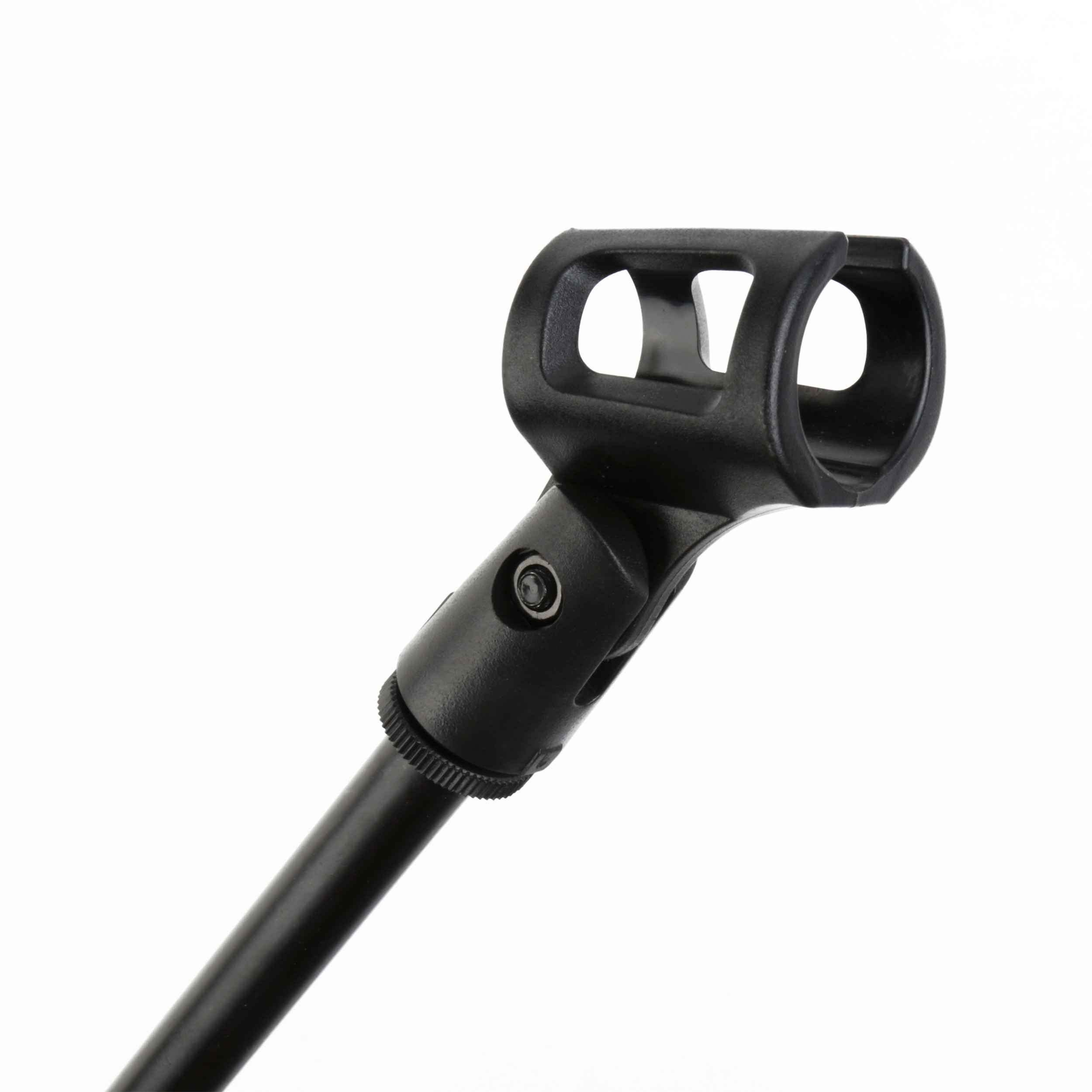 RMS-100 detail Rotosound microphone stand. Black folding metal with clip
