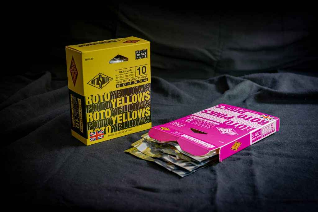 Rotosound multipacks 10 set and triple pack electric guitar strings. Yellows Pinks