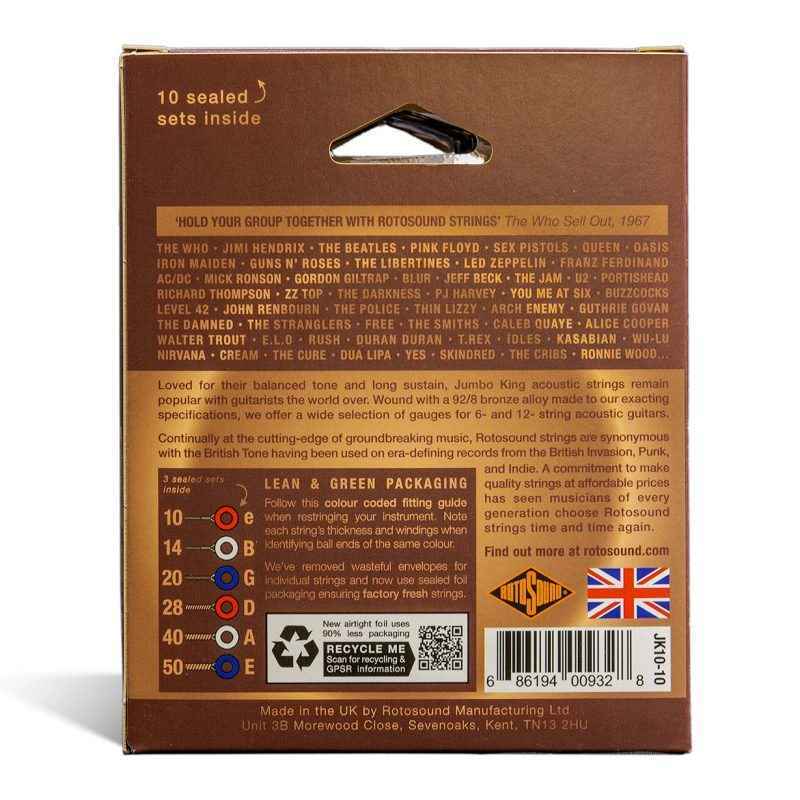 JK10-10 Multipack Rotosound Jumbo King Phosphor Bronze Acoustic Guitar Strings