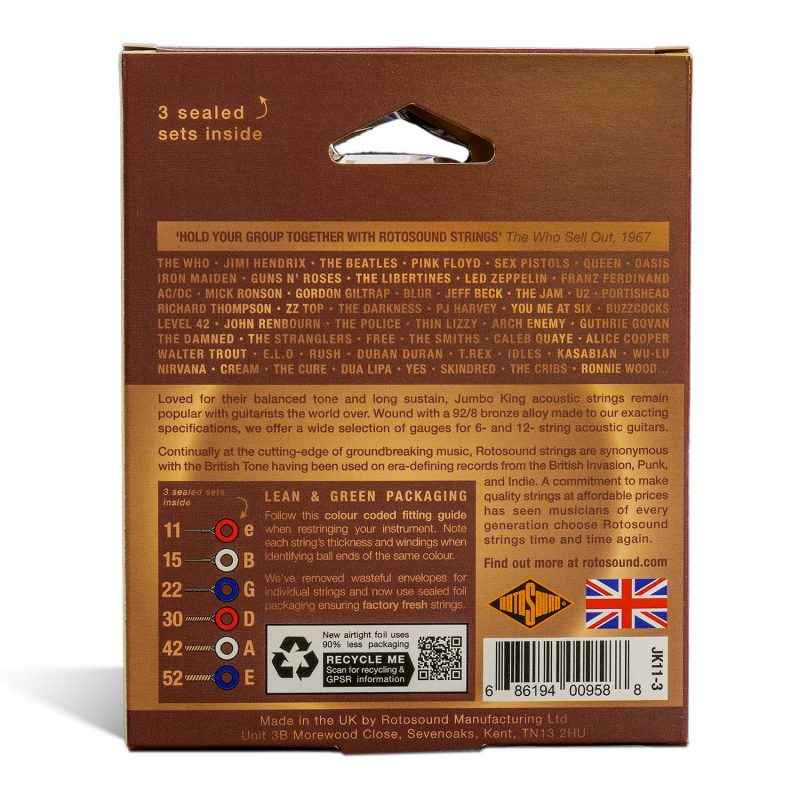 JK11-3 Multipack Rotosound Jumbo King Phosphor Bronze Acoustic Guitar Strings