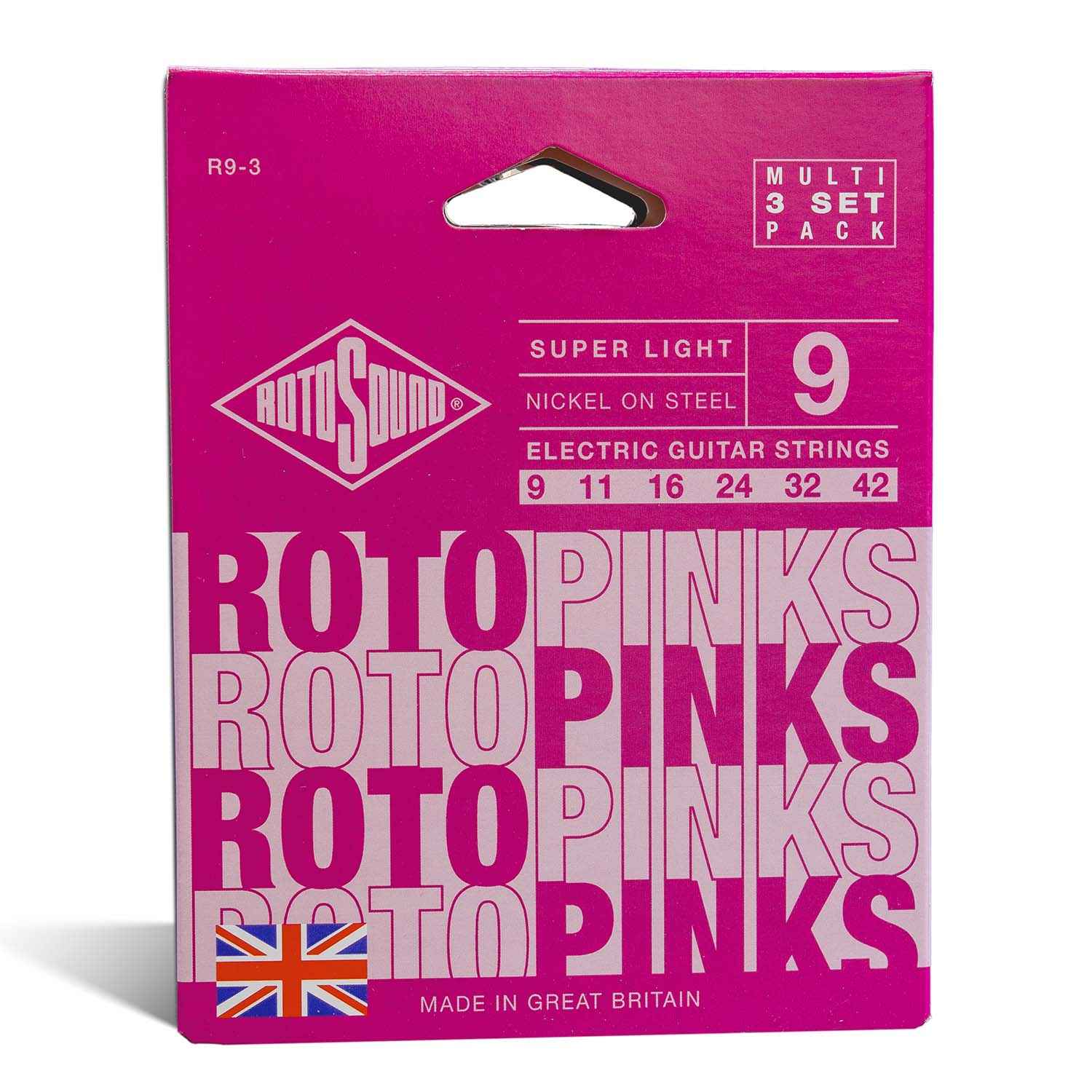 Roto Pinks R9-3 Multipack Rotosound Electric Guitar Strings. Nickel on Steel Three Set Pack Made In Great Britain Best Guitar Strings Multi Pack